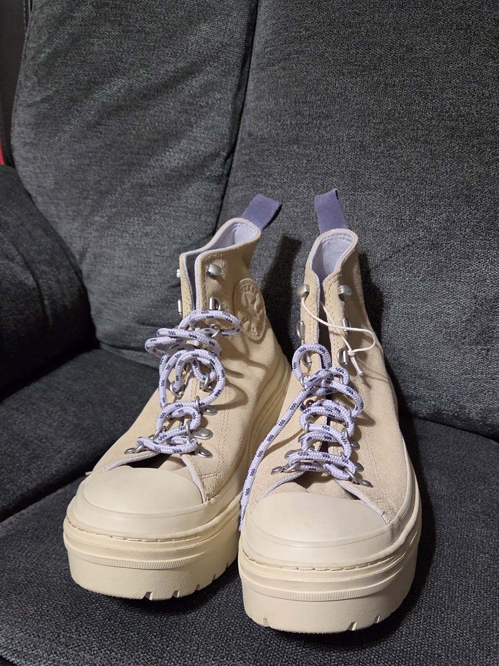 Converse Beige Canvas Platform Lace-Up High-Top Boots with Lavender Accents